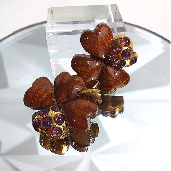 Exceptional L’OREE du BOIS France 18k Wood Amethyst 4 Leaf Clover Earrin… - Picture 3 of 5